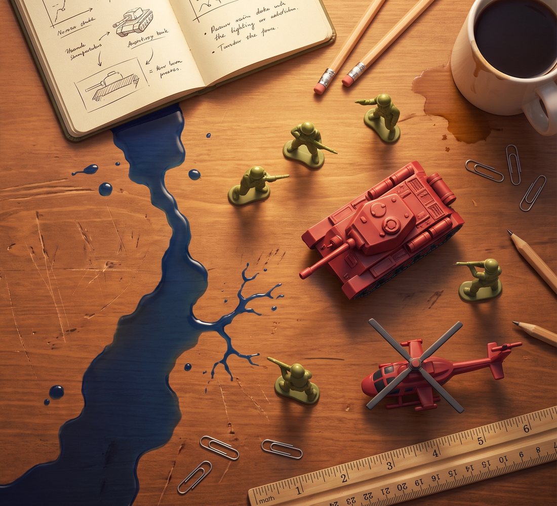 A red toy tank and helicopter facing green plastic soldiers across a wooden desk, with an ink spill for a river.